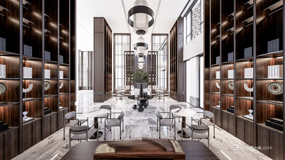 Modern Sales Office Interior Design With Wooden Decor Chandeliers Tables and Bookshelves 3d model 