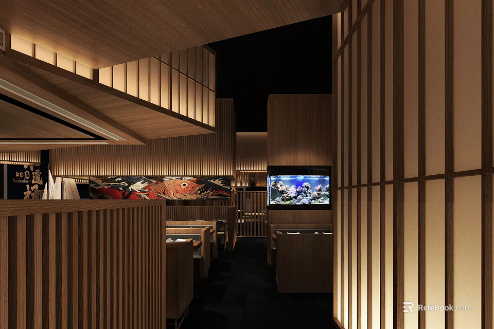 Japanese Restaurant Interior Design With Wooden Partitions Decorative Paintings And TV Screen 3d model 
