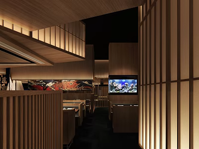 Japanese Restaurant Interior Design With Wooden Partitions Decorative Paintings And TV Screen 3d model