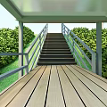 Outdoor Staircase With Metal Railing Lush Greenery And Background Buildings On Sunny Day