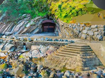 Natural Rocky Cliffside with Cave Entrance Stone Steps and Waterfront Green Vegetation 3d model