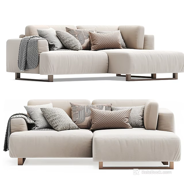 Modern Beige L shaped Sectional Sofa With Multiple Patterned Pillows And Gray Throw Blanket 3d model