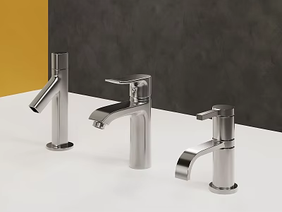 Three Silver Faucets on White Countertop with Gray and Yellow Walls 3d model