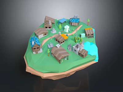 Low Poly Island Village 3D Model With Small Houses Trees And Castle 3d model
