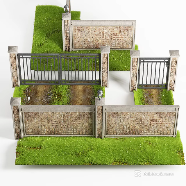 Brick Fence With Iron Gate Design Surrounded By Green Grass And Pathway 3d model 