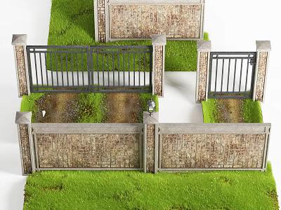 Brick Fence With Iron Gate Design Surrounded By Green Grass And Pathway 3d model