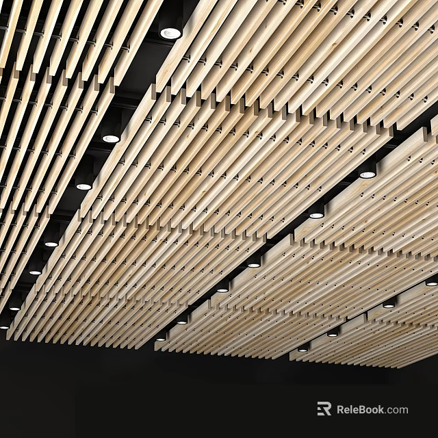 Modern Wooden Slat Ceiling Design With Linear Arrangement And Integrated Lighting 3d model 