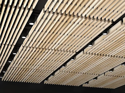 Modern Wooden Slat Ceiling Design With Linear Arrangement And Integrated Lighting 3d model