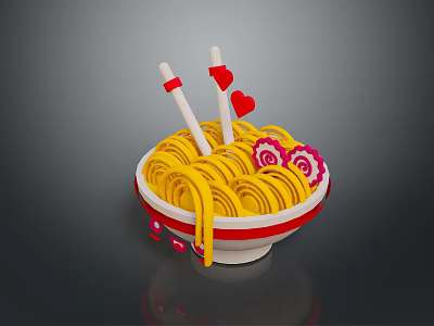 Panda Shaped Bowl With Yellow Noodles Red Heart And Flower Decor 3d model