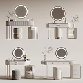 Modern Dressing Table with Round Mirror Side Cabinets Stool and Decorative Vase Plants 3d model
