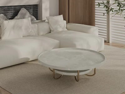 Round Marble Coffee Table with Gold Metal Legs in Modern Living Room with White Sofa 3d model