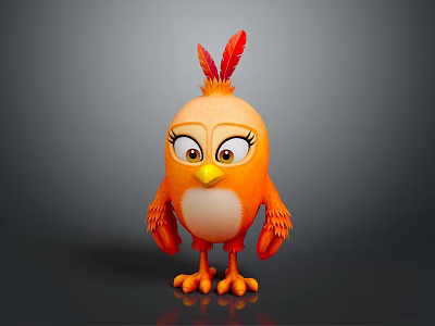 Cute Cartoon Orange Chicken With Red Feather Crest And Big Expressive Eyes 3d model