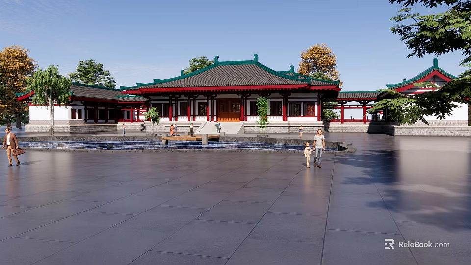 Traditional Chinese Ancient Architecture With Curved Green Roof Red Walls And Courtyard Surrounded By Trees 3d model 