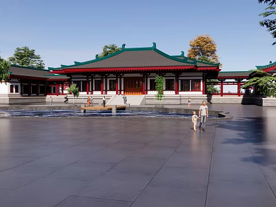 Traditional Chinese Ancient Architecture With Curved Green Roof Red Walls And Courtyard Surrounded By Trees 3d model