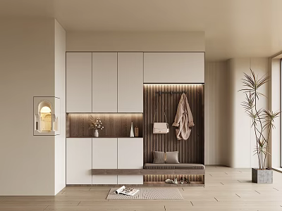 Modern Entryway Shoe Cabinet Design With Bench Coat Hooks And Decorative Lighting 3d model