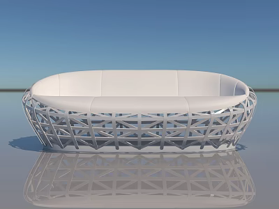 White Sofa With Geometric Hollow Frame On Smooth Surface And Reflection Against Blue Sky Background 3d model