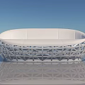 White Sofa With Geometric Hollow Frame On Smooth Surface And Reflection Against Blue Sky Background