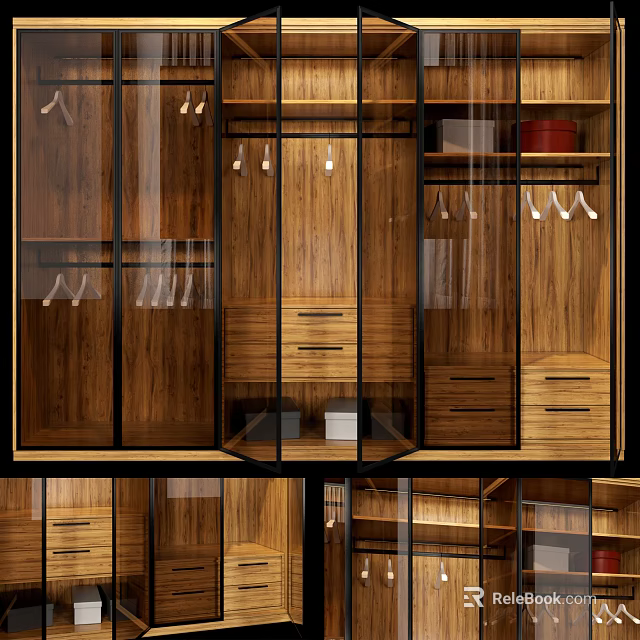Modern Wooden Wardrobe Design With Glass Doors Clothes Hangers And Drawers 3d model 