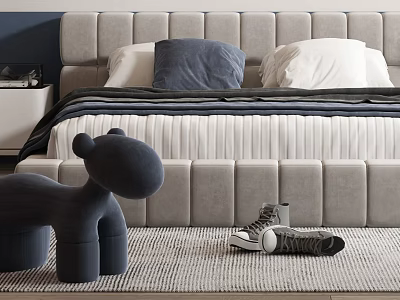 Double Bed with Upholstered Headboard Navy Pillow Striped Blanket Gray Rug Plush Toy and Sneakers 3d model