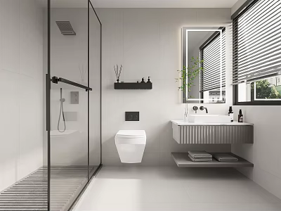 Modern Bathroom Interior Design With Glass Shower White Toilet And Wall Mounted Vanity 3d model