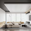 Modern Living Room Interior With Beige Sofa Large Windows And TV Unit