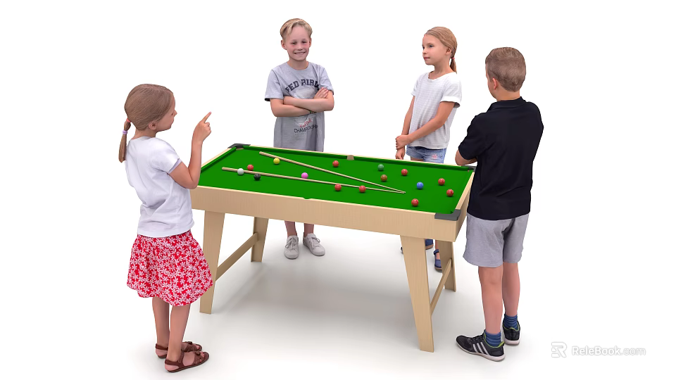 Kids Green Pool Table With Billiard Balls And Cues For Children Playing Together 3d model 