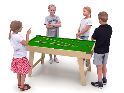 Kids Green Pool Table With Billiard Balls And Cues For Children Playing Together 3d model