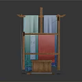 Wooden Scene Components Featuring Colorful Vertical Panels And Striped Canopy Stalls