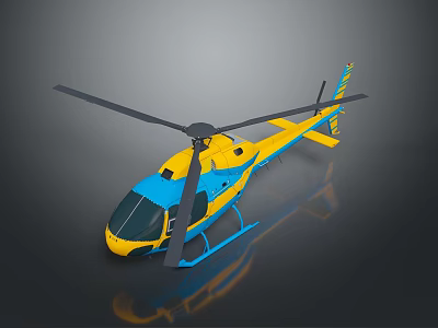 Modern Yellow And Blue Helicopter With Shiny Rotor On Dark Reflective Background 3d model