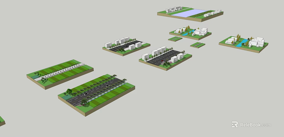 Various Garden Landscape Design Models with Green Spaces Roads and Buildings 3d model 