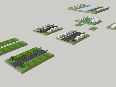 Various Garden Landscape Design Models with Green Spaces Roads and Buildings 3d model
