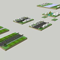 Various Garden Landscape Design Models with Green Spaces Roads and Buildings