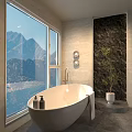 Modern Bathroom Interior With Freestanding Bathtub Large Window Mountain View Stone Wall And Green Plant