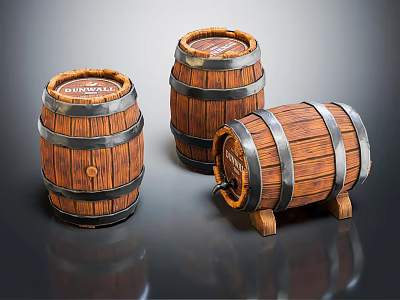 Vintage Wooden Barrel Decorative Ornaments Set With Metal Hoops And Whiskey Labels 3d model