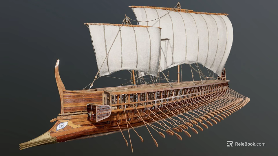 Ancient Sailing Ship With Wooden Hull White Sails And Rowing Oars Design 3d model 