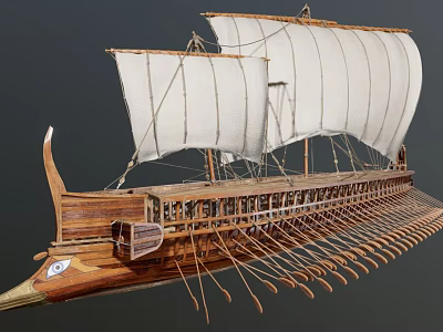 Ancient Sailing Ship With Wooden Hull White Sails And Rowing Oars Design 3d model