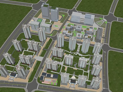 Urban Planning Layout With High Rise Buildings Green Spaces And Roads 3d model