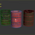Household Supplies Three Metal Storage Drums In Red Green Brown With Warning Sign Design
