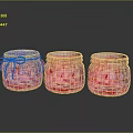 Artisan Sculpted Glass Jars With Pink Liquid And Checkered Lids On Dark Background