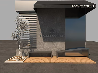 Pocket Coffee Modern Exterior Design With Gray Wall Black Awning Wooden Deck And Tree 3d model