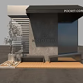 Pocket Coffee Modern Exterior Design With Gray Wall Black Awning Wooden Deck And Tree