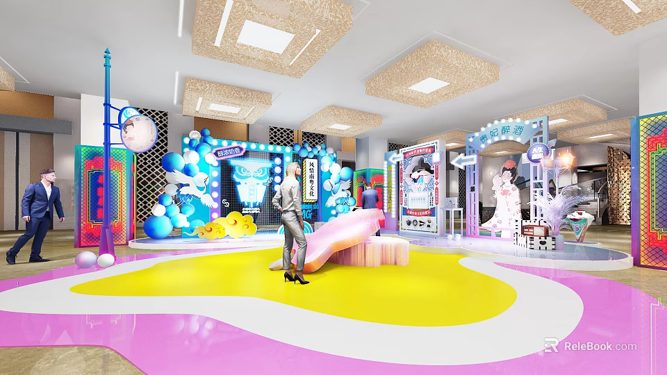 Vibrant Interactive Zone With Colorful Floor Decorative Balloons Neon Lights And Cartoon Decor 3d model 