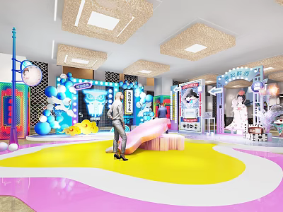 Vibrant Interactive Zone With Colorful Floor Decorative Balloons Neon Lights And Cartoon Decor 3d model