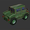 Green Toy Off Road Vehicle with Large Wheels Blue Windows Stripes and Vintage Model Design