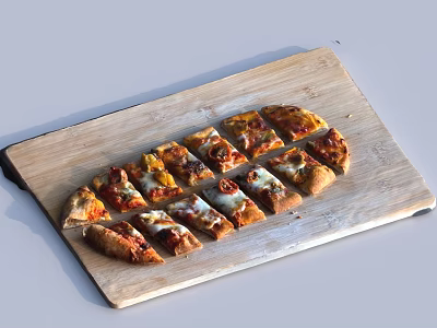 Delicious Pizza Slices with Various Toppings on a Wooden Cutting Board 3d model