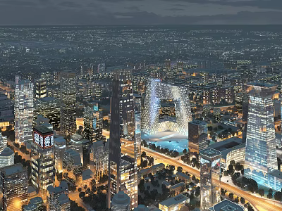 Stunning Modern City Night View With Illuminated Skyscrapers And Skyline Panorama 3d model