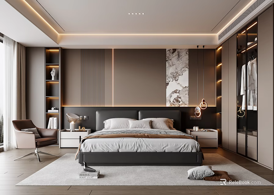 Modern Bedroom Interior With Gray Walls Decorative Art Nightstands Table Lamps And Glass Wardrobe 3d model 