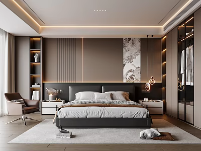 Modern Bedroom Interior With Gray Walls Decorative Art Nightstands Table Lamps And Glass Wardrobe 3d model