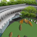 Modern Sales Office Building With Circular Lawn Courtyard And Glass Curtain Walls