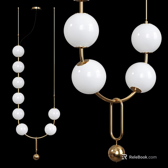 Stylish Modern Chandelier With White Spherical Shades And Gold Metal Hanger 3d model 